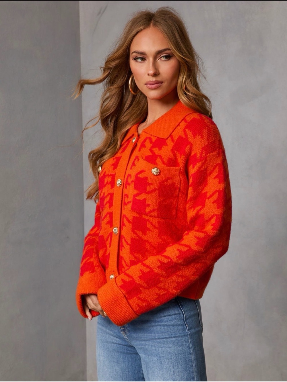Vici Orange and Red Houndstooth Knit Cardigan- NEW